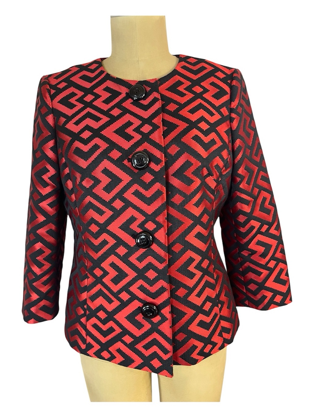 Anne Klein Vintage 90’s Red & Black Geometric Satin Jacquard Button Jacket
